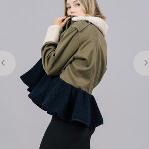 Harvey Faircloth Shearling Olive & Navy Peplum Utility Jacket